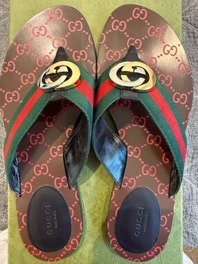 Gucci Brown GG Logo Web Stripe Thong Sandals